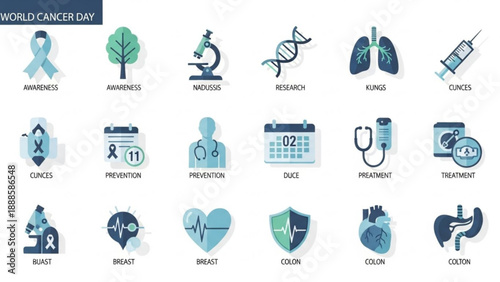 World cancer day icons set awareness symbols for health and medical concepts prevention and treatment illustrations
