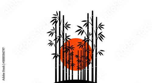 Stylized bamboo silhouettes with a red sun on a white background