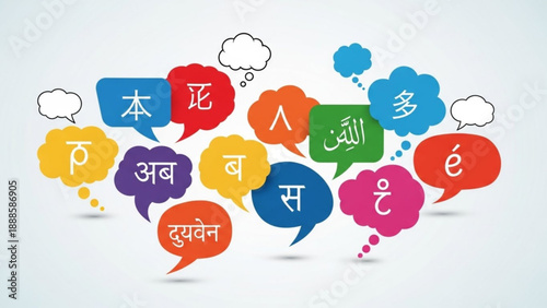 Multilingual speech bubbles with foreign language symbols on white background representing global communication and diversity