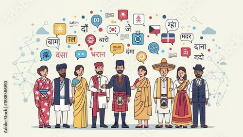 Diverse people in traditional clothing with speech bubbles representing global communication and cultural exchange