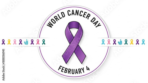 World cancer day awareness campaign with purple ribbon symbol on white background