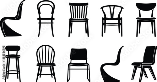 Black chair silhouette collection featuring modern and classic seating furniture designs, interior decor vector illustration isolated on white background for home and office design