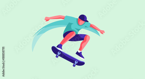 Young man performing skateboarding trick with dynamic motion.