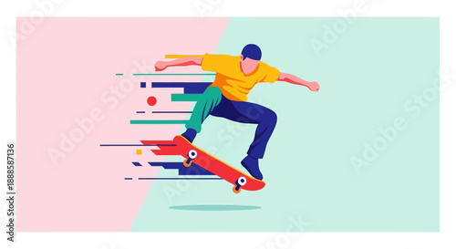 Vibrant skateboarder performing a dynamic trick.