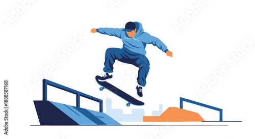 Young man performing skateboarding trick on ramp.