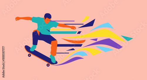 Vibrant skateboarder performing tricks with dynamic abstract background.