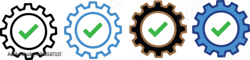 Vector gear icons with green checkmarks for approved concepts