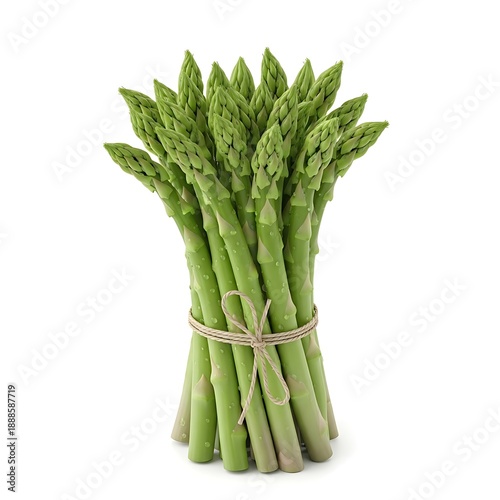 A bunch of fresh green asparagus sprouts tied together as a healthy organic vegetable ingredient isolated on a white background for gourmet vegetarian cooking and nutrition