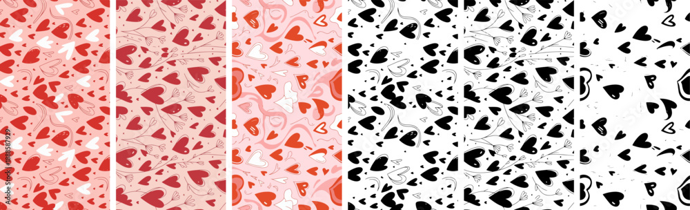 Fototapeta premium Seamless heart pattern collection in red and black and white