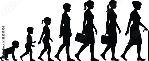 Silhouettes depicting the chronological life stages of a woman from infancy to old age