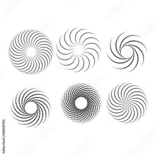 This image displays six abstract, circular designs arranged in a grid. Each design features a unique swirling or spiral pattern created using black lines or dots against a white background. The patter