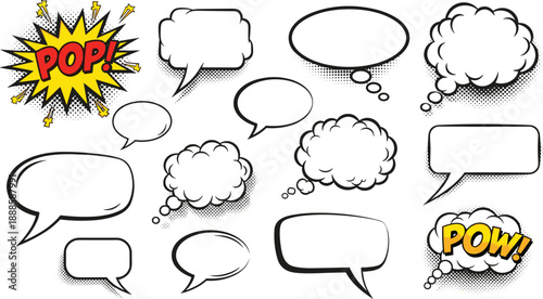 Vector illustration of 18 comic-style speech and thought bubbles with “POP!” and “POW!” sound effect bursts