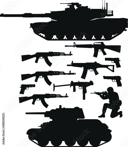 Black military weapons silhouette collection featuring tanks, rifles, guns and armed soldier, modern army combat equipment vector illustration isolated on white background design