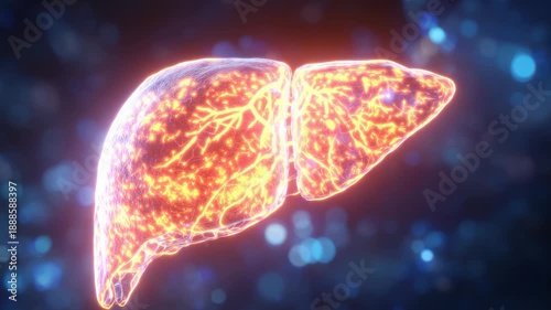 Rendered medical animation shows the liver of a healthy male with detailed internal structure and vibrant colors in a scientific visualization
