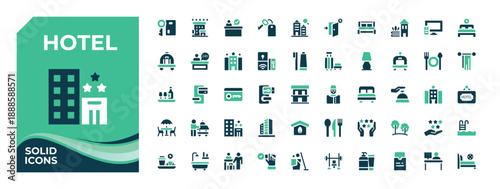 Hotel Service colorful solid icon set. Containing reception, room service, fast, restaurant, service, hospitality, hostel and more. Reception icon set. Editable vector art and illustration.