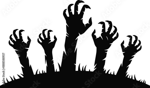 Spooky monster hands with menacing claws emerging from sparse grassy ground on white