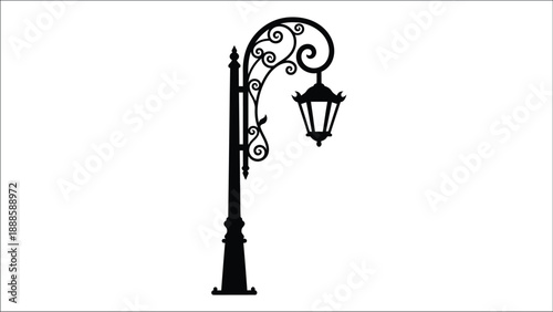 Elegant black silhouette of a vintage street lamp on a white background