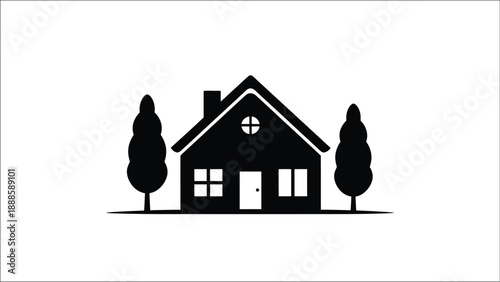Simple black silhouette of a house with trees on either side