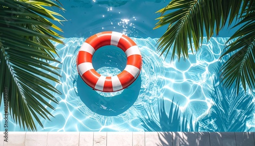 Overhead shot of a pool with clear water, a life preserver, and palm fronds