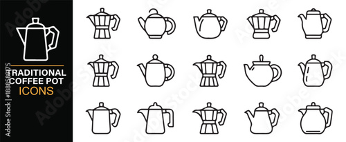 Minimal coffee brewing pot outline icons