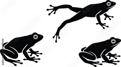 Three black frog silhouettes showcasing different poses on a plain white surface for nature enthusiasts
