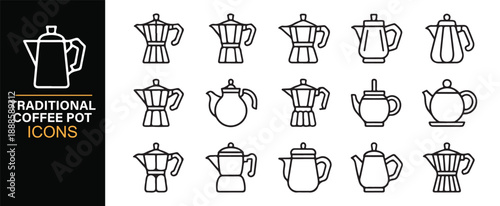 Traditional brewing vessels outline icon collection