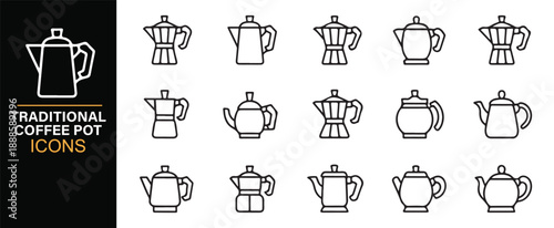 Vintage coffee pot and kettle line icon set