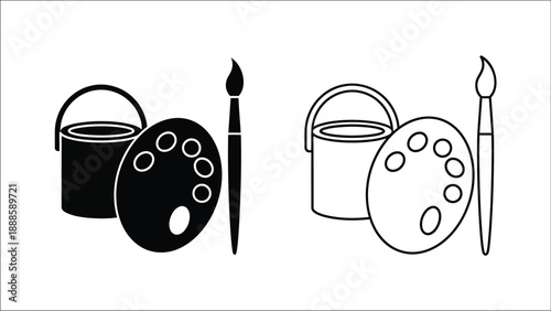 Black and white illustration of paint buckets palettes and brushes