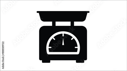 Simple black icon depicting a classic balance scale with a circular gauge
