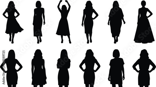 Black women silhouette collection featuring female figures in elegant dresses, fashion poses and body shapes, vector illustration isolated on white background design set