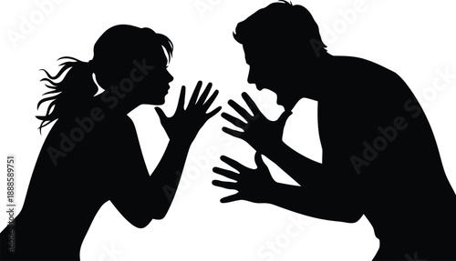 Two angry adult silhouettes are shouting and gesturing aggressively at each other during an argument