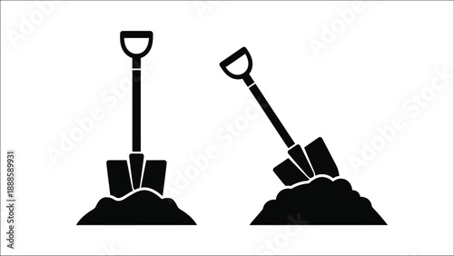Two black silhouettes of shovels one upright and one digging