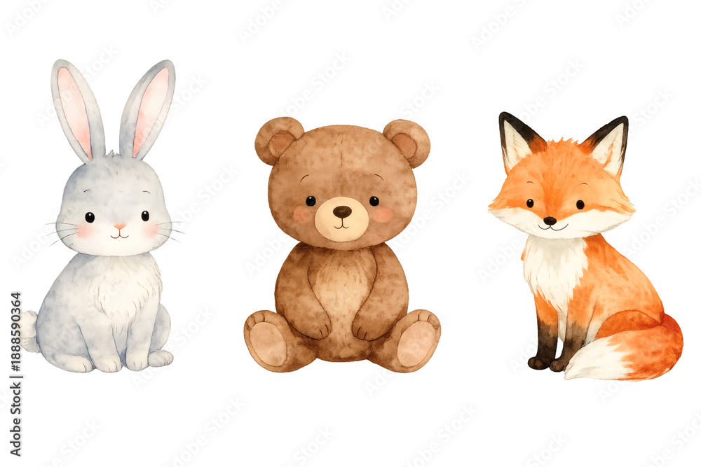Naklejka premium Cute watercolor forest animals set: rabbit, bear, and fox illustration