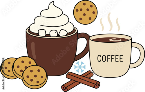 Minimal winter flat illustration of seasonal food and drinks including hot chocolate, coffee mug, cookies, marshmallows and cinnamon sticks, clean flat vector style, rounded shapes