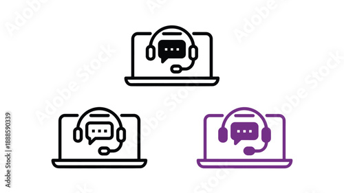 Laptop Customer Support Icons with Headset and Chatbot Symbols