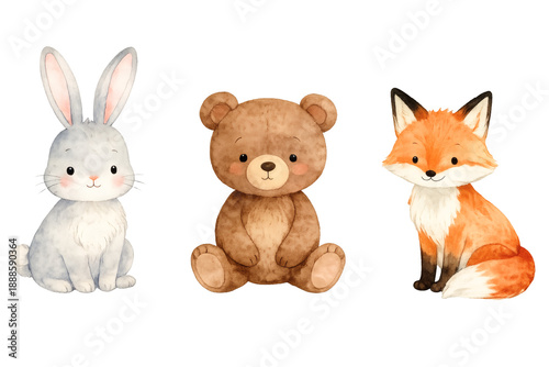 Cute watercolor forest animals set: rabbit, bear, and fox illustration