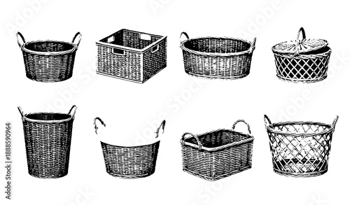Handwoven wicker baskets vector set realistic basket icons for storage, home, and craft