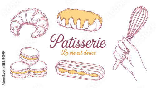 Patisserie Desserts with Croissant, Macarons, Eclair and and Whisk on White Background