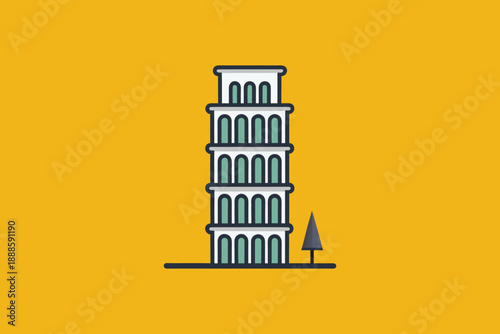 Minimalist vector illustration of leaning tower in pisa with small pine tree on yellow background