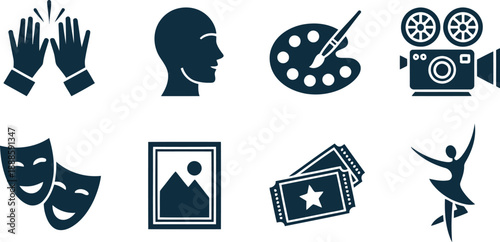 Various dark blue graphical symbols representing arts and entertainment activities on a clean white background
