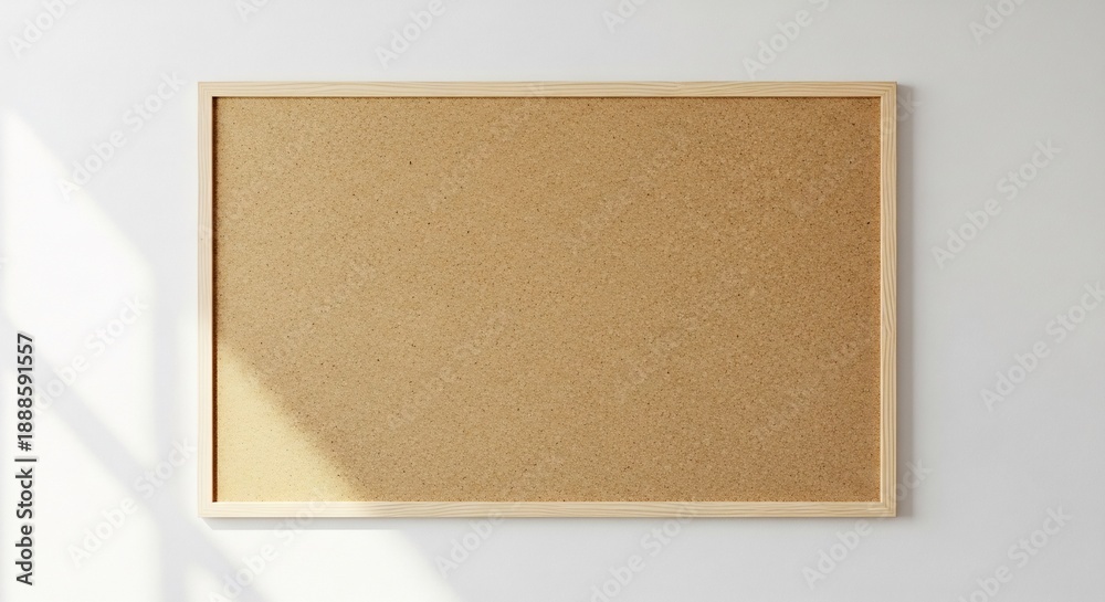 Fototapeta premium Blank cork board with wooden frame on white wall with sunlight shadow.