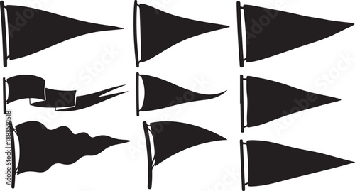 Black Flags Waving in the Wind on White Background