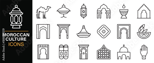 Moroccan tradition and architecture line symbol set