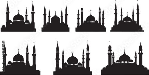 Silhouettes of various mosques with minarets and domes