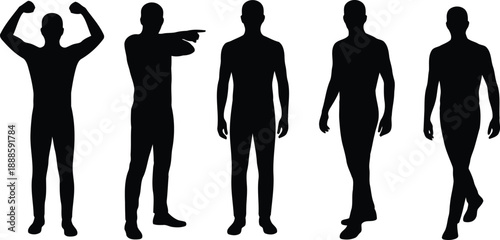 Vibrant silhouettes of five athletic men displaying power, pointing, and movement on a bright white canvas