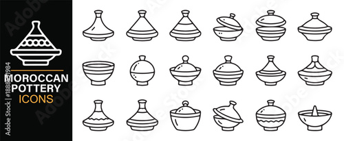 Moroccan ceramic cookware line icon set for cultural design
