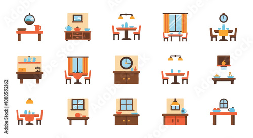 Dining room furniture arranged in neat rows against a white backdrop creates a cozy and inviting atmosphere, perfect for family meals and gatherings.