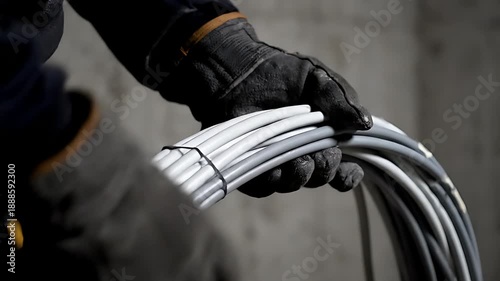 Close-up view of a skilled electrician wearing durable protective gloves while carefully handling and managing a large bundle of bundled electrical wires and thick cables for installation work.