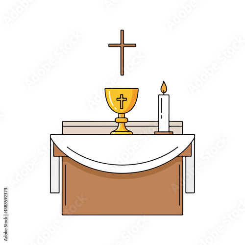 Altar with chalice cross and candle in church