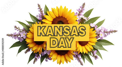Kansas day celebration with sunflowers and wildflowers isolated on transparent background